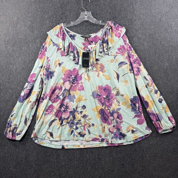 Ralph Lauren Blouse Women's 2X Plus Floral Ruffle Long Sleeve Linen Blend - Picture 1 of 8